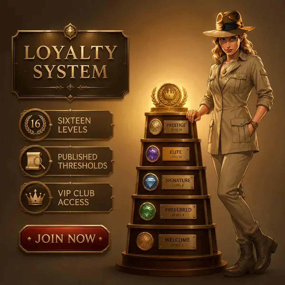The Archivist examining loyalty medals at Dashboard Overview for Returning Jackpot Raider Players login portal