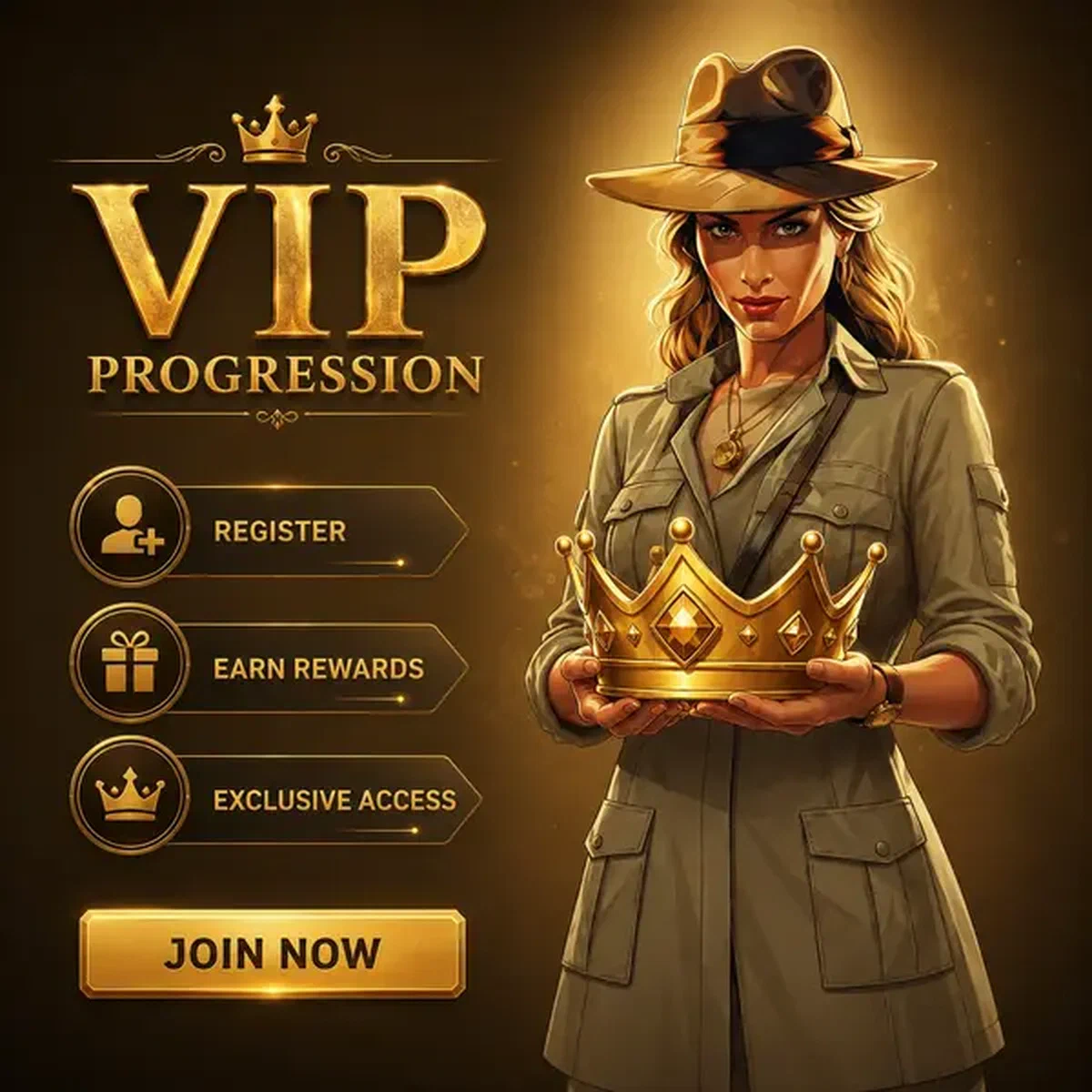 Elegant archivist presenting golden crown at Jackpot Raider registration to join exclusive VIP rewards