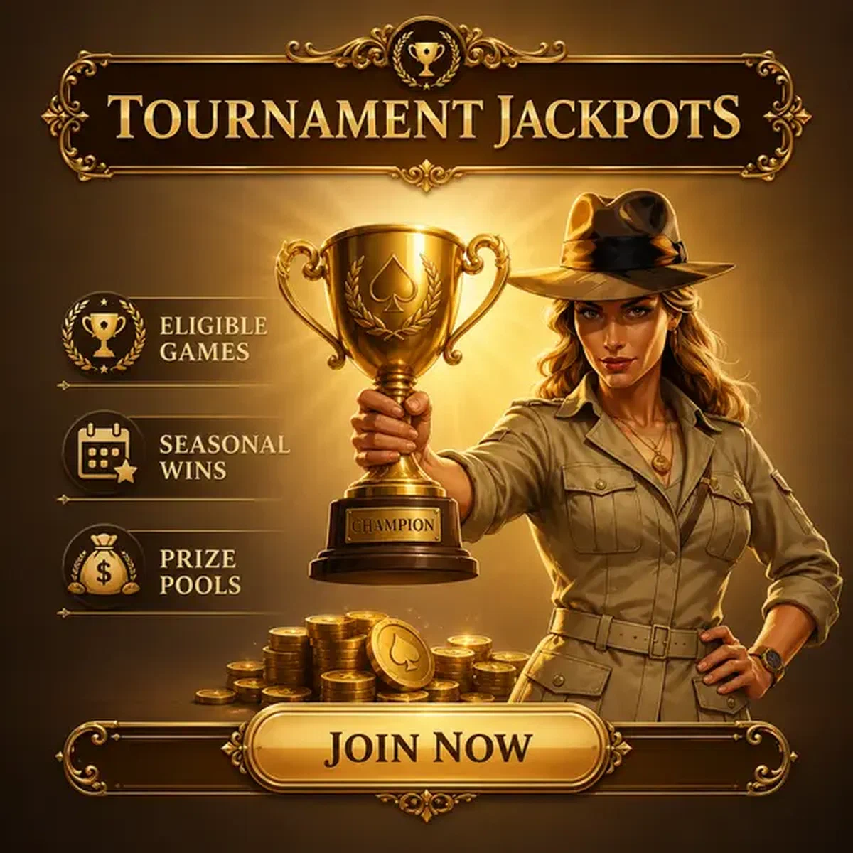 The Archivist triumphantly holds golden trophy at Tournament-Eligible Jackpot Raider Free Slots victory