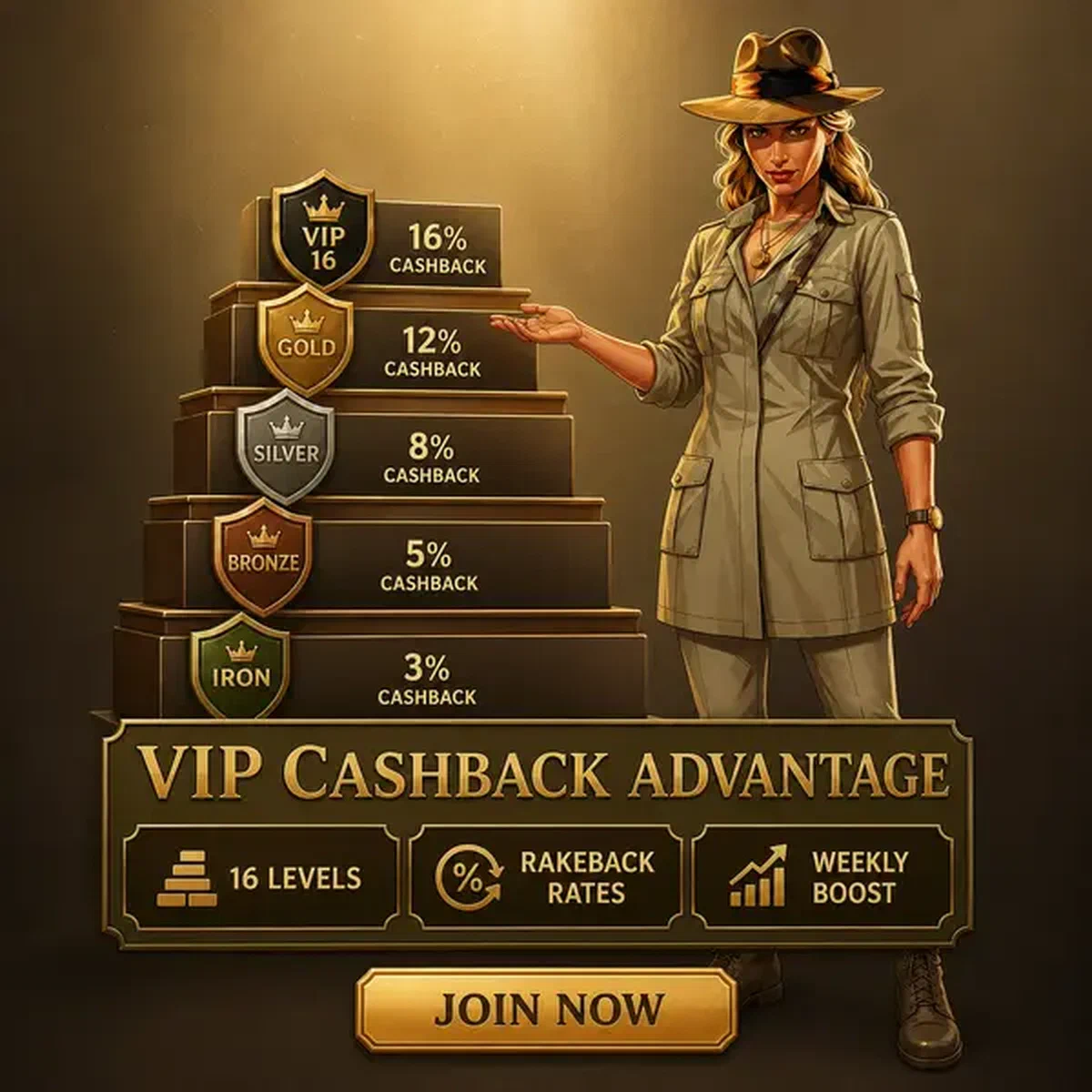The Archivist presenting VIP Cashback Stack loyalty program with tiered bonus rewards