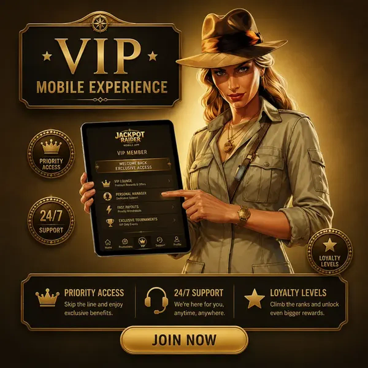 The Archivist navigating Jackpot Raider Mobile App VIP features on glowing tablet screen