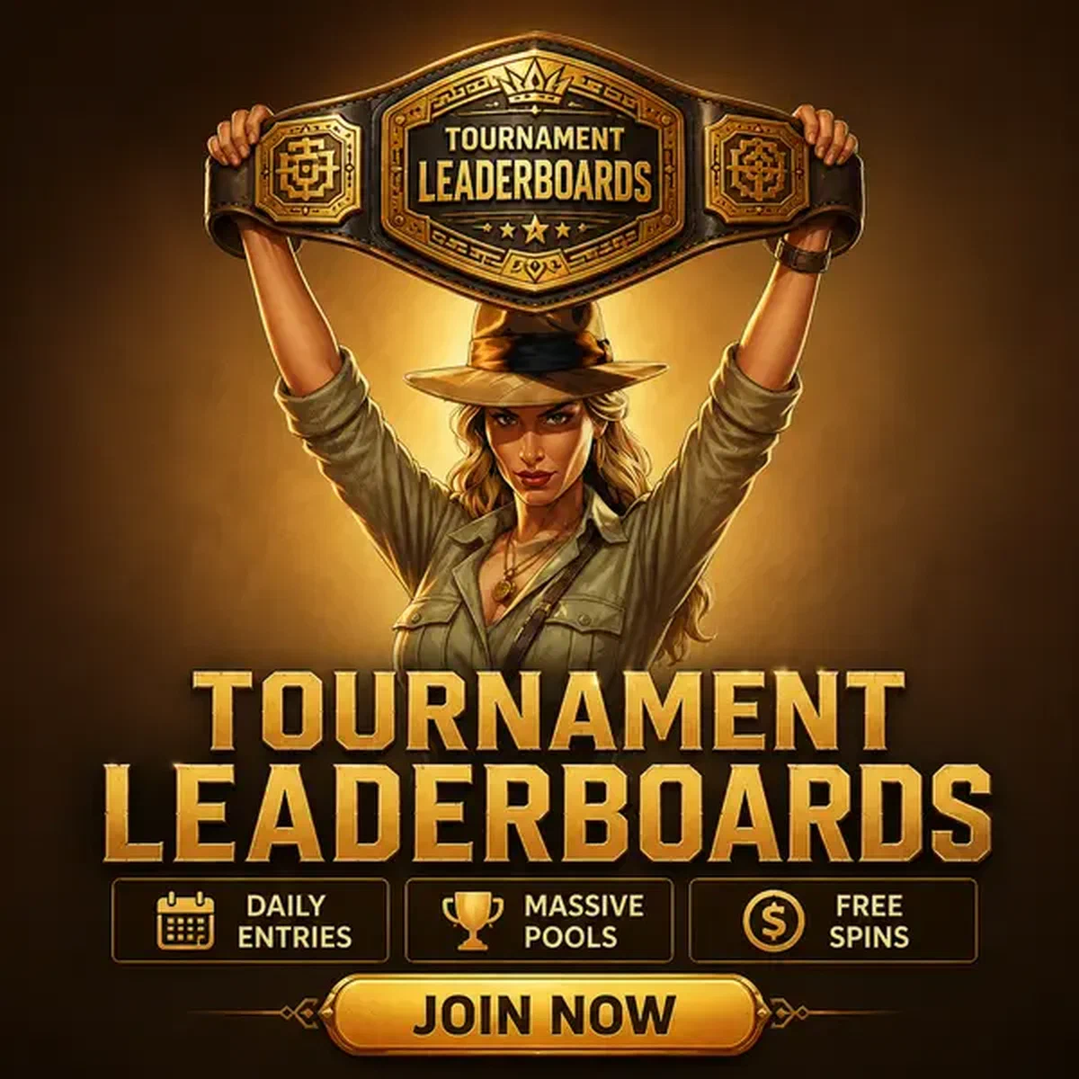 The Archivist holding championship belt high at Tournament Leaderboards That Pay in Free Spins