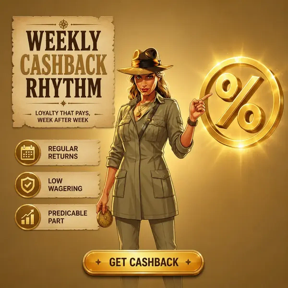 Weekly Cashback Rhythm manager presenting golden bonus percentage at khaki casino office