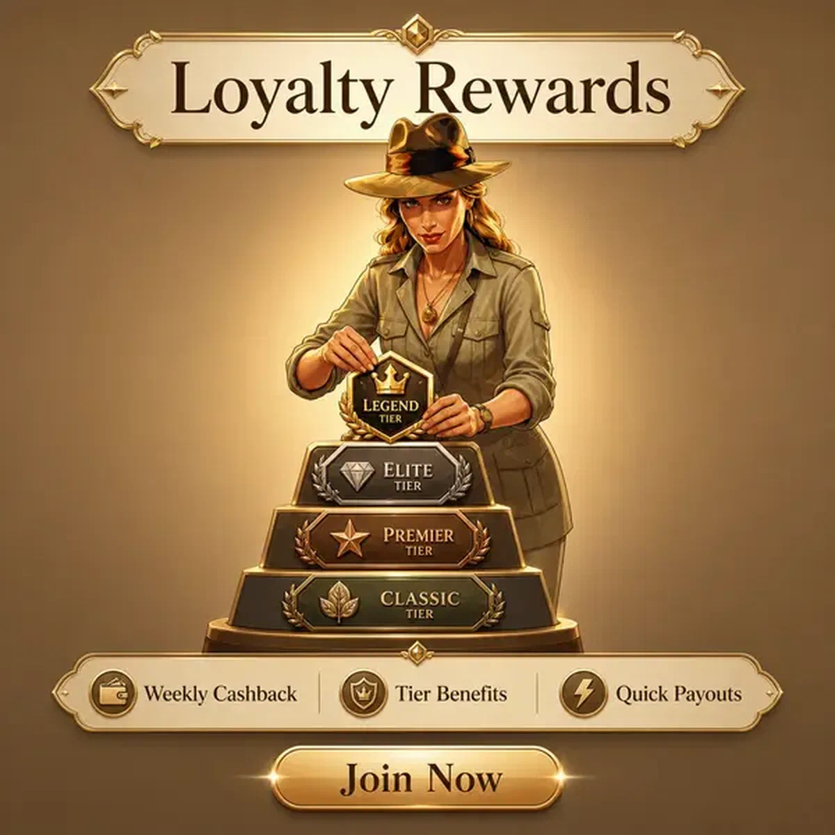 The Archivist arranging esports betting tier badges at Weekly Esports Cashback and Loyalty Rewards