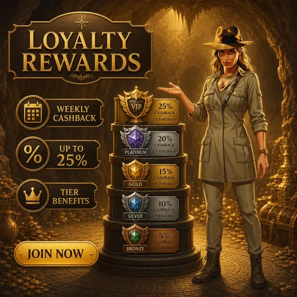 Female loyalty strategist presenting tier badges at Weekly Slot Cashback and Jackpot Raider Casino slots