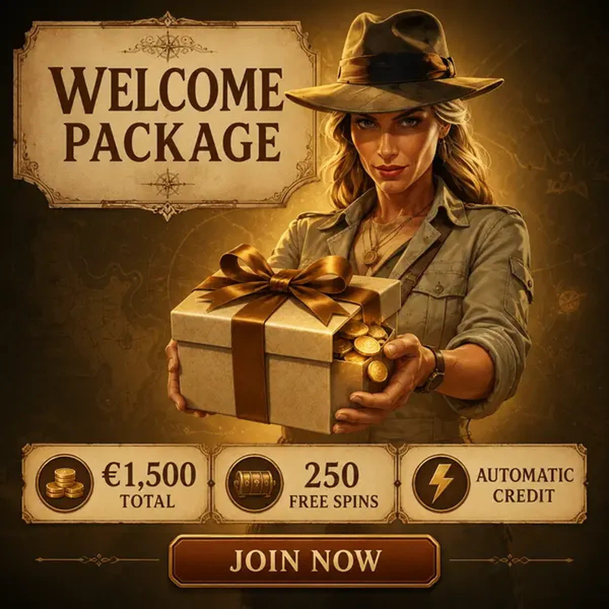 The Archivist presenting welcome package gift to new players joining the casino system