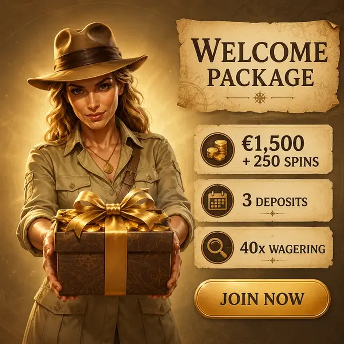 The Archivist presenting welcome bonus gift at Jackpot Raider treasure chamber