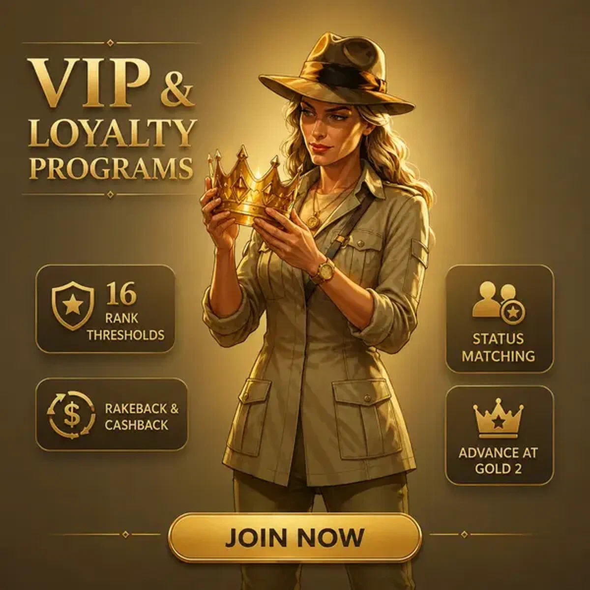 The Archivist examining golden crown at Jackpot Raider VIP loyalty program center