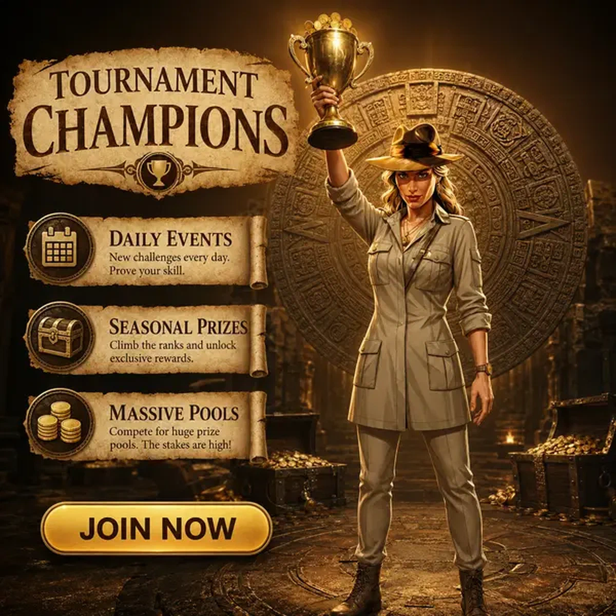 The Archivist raising golden trophy at Jackpot Raider Tournaments competitions arena