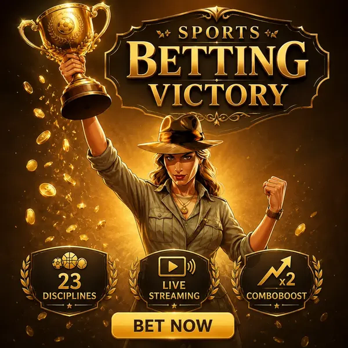 Sports betting champion celebrates victory with golden trophy at Jackpot Raider Sports Betting